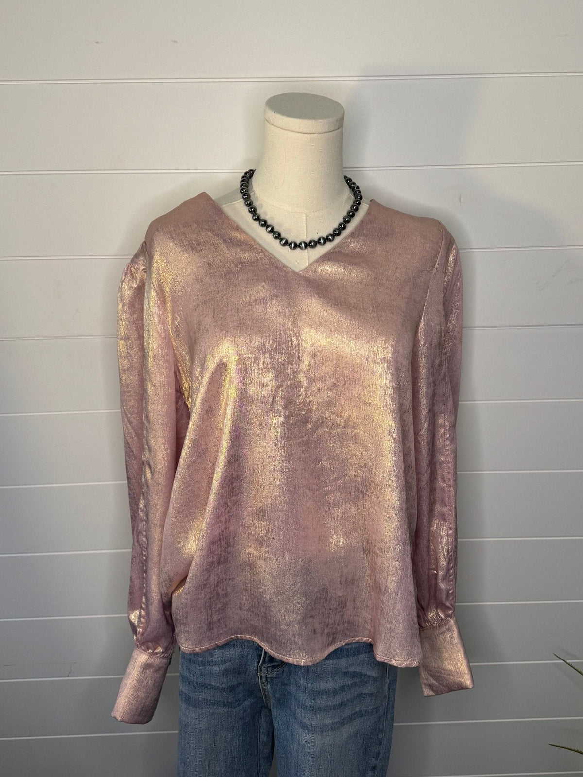 Jodifl Metallic Western V-Neck Puff Sleeve Blouse — Lightweight Elegant Layering Piece Cowhide and Conchos