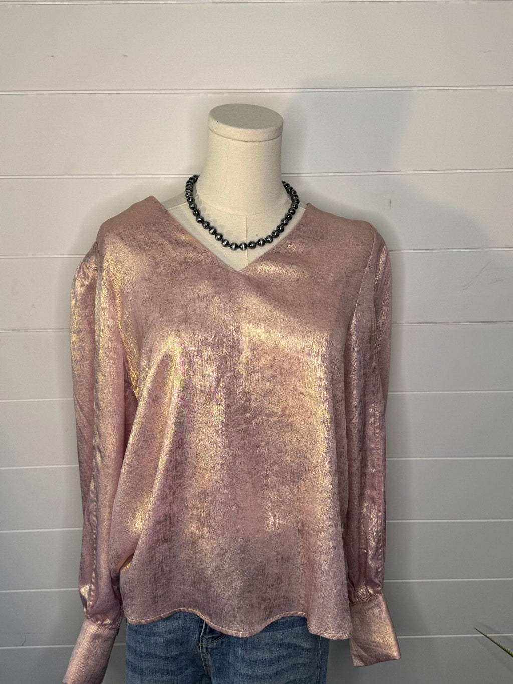 Jodifl Metallic Western V-Neck Puff Sleeve Blouse — Lightweight Elegant Layering Piece Cowhide and Conchos