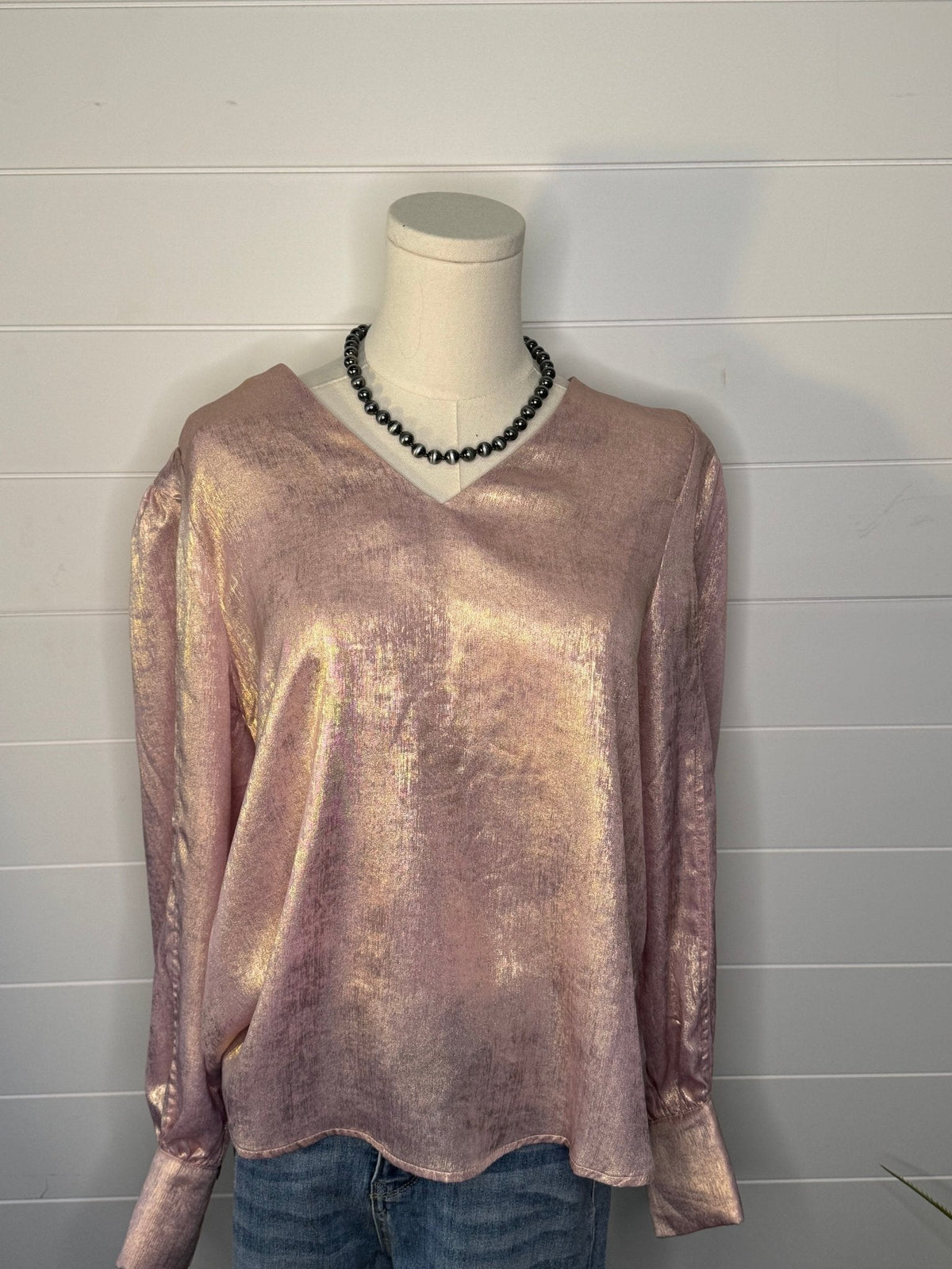 Jodifl Metallic Western V-Neck Puff Sleeve Blouse — Lightweight Elegant Layering Piece Cowhide and Conchos