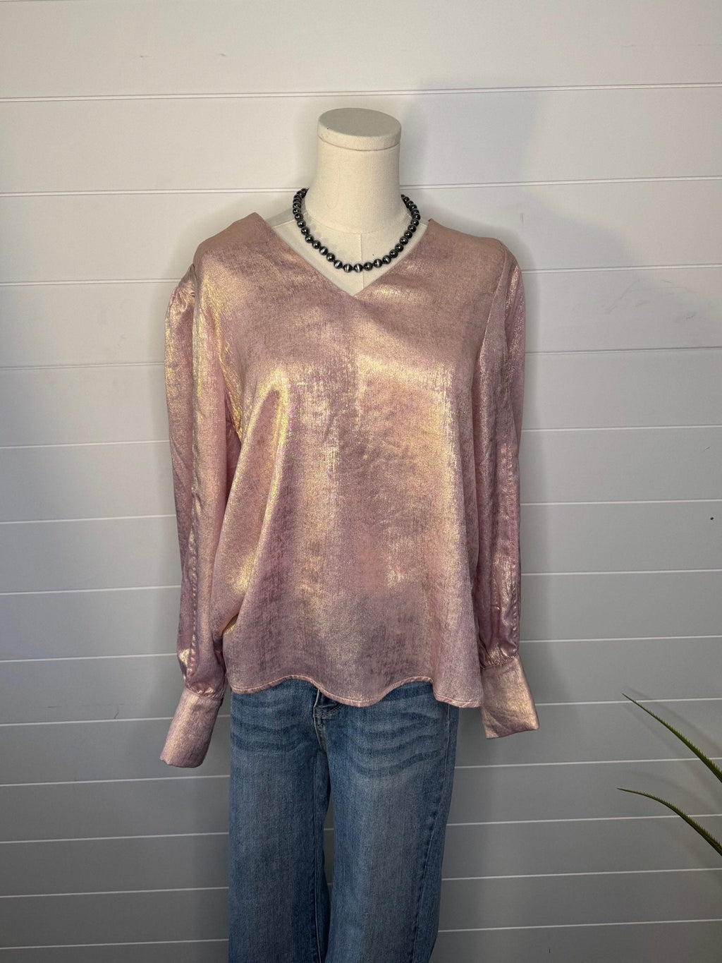 Jodifl Metallic Western V-Neck Puff Sleeve Blouse — Lightweight Elegant Layering Piece Cowhide and Conchos