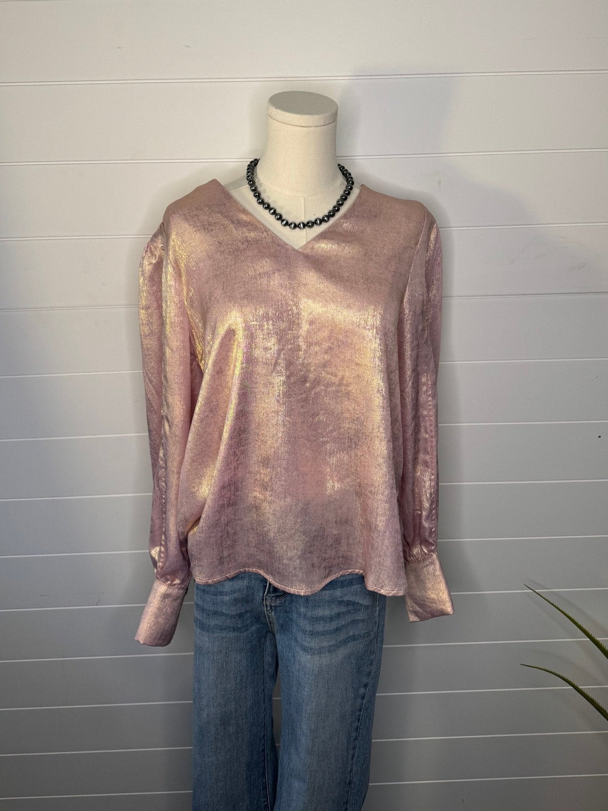 Jodifl Metallic Western V-Neck Puff Sleeve Blouse — Lightweight Elegant Layering Piece Cowhide and Conchos