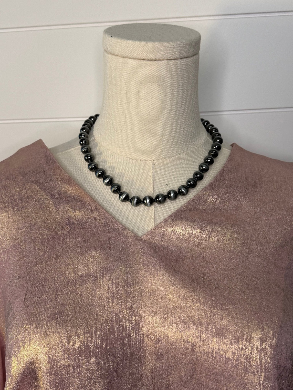 Jodifl Metallic Western V-Neck Puff Sleeve Blouse — Lightweight Elegant Layering Piece Cowhide and Conchos
