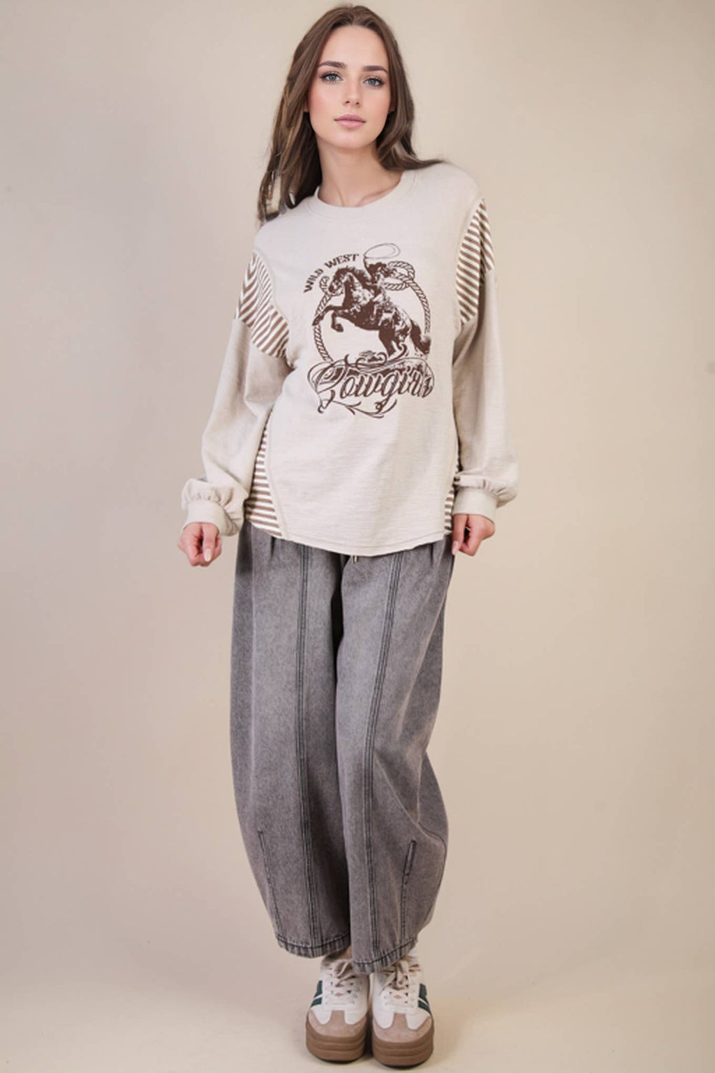 VERY J "Wild West Cowgirls" Western Graphic Knit Top — Oversized Mixed Media (Taupe or Olive) Cowhide and Conchos
