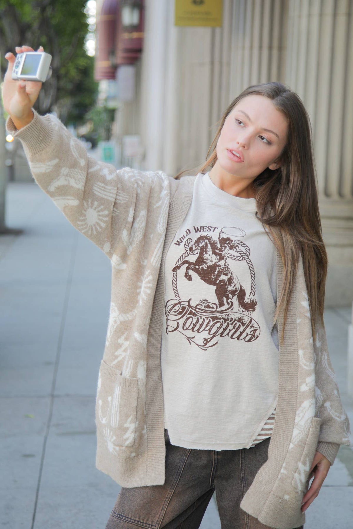 VERY J "Wild West Cowgirls" Western Graphic Knit Top — Oversized Mixed Media (Taupe or Olive) Cowhide and Conchos