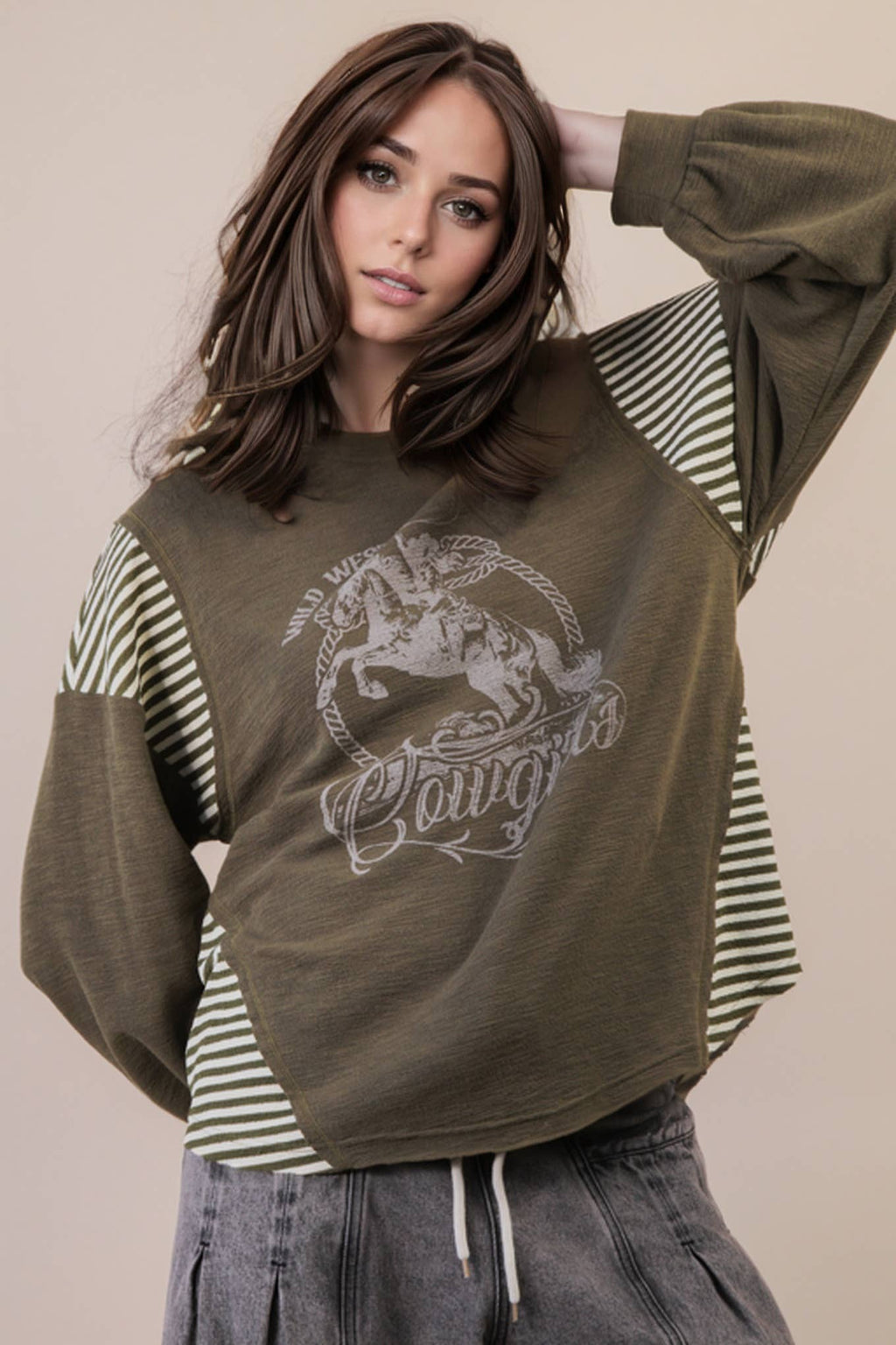 VERY J "Wild West Cowgirls" Western Graphic Knit Top — Oversized Mixed Media (Taupe or Olive) Cowhide and Conchos