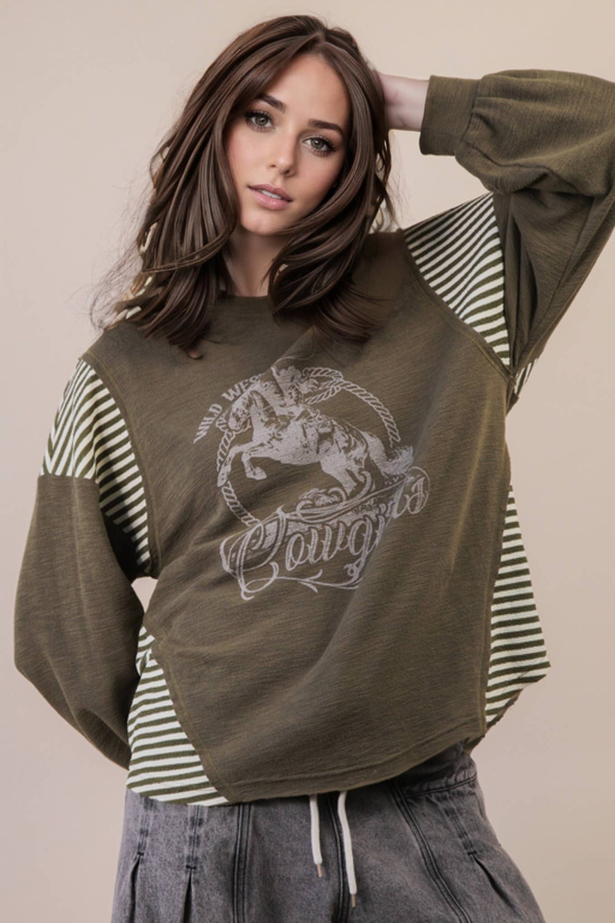 VERY J "Wild West Cowgirls" Western Graphic Knit Top — Oversized Mixed Media (Taupe or Olive) Cowhide and Conchos