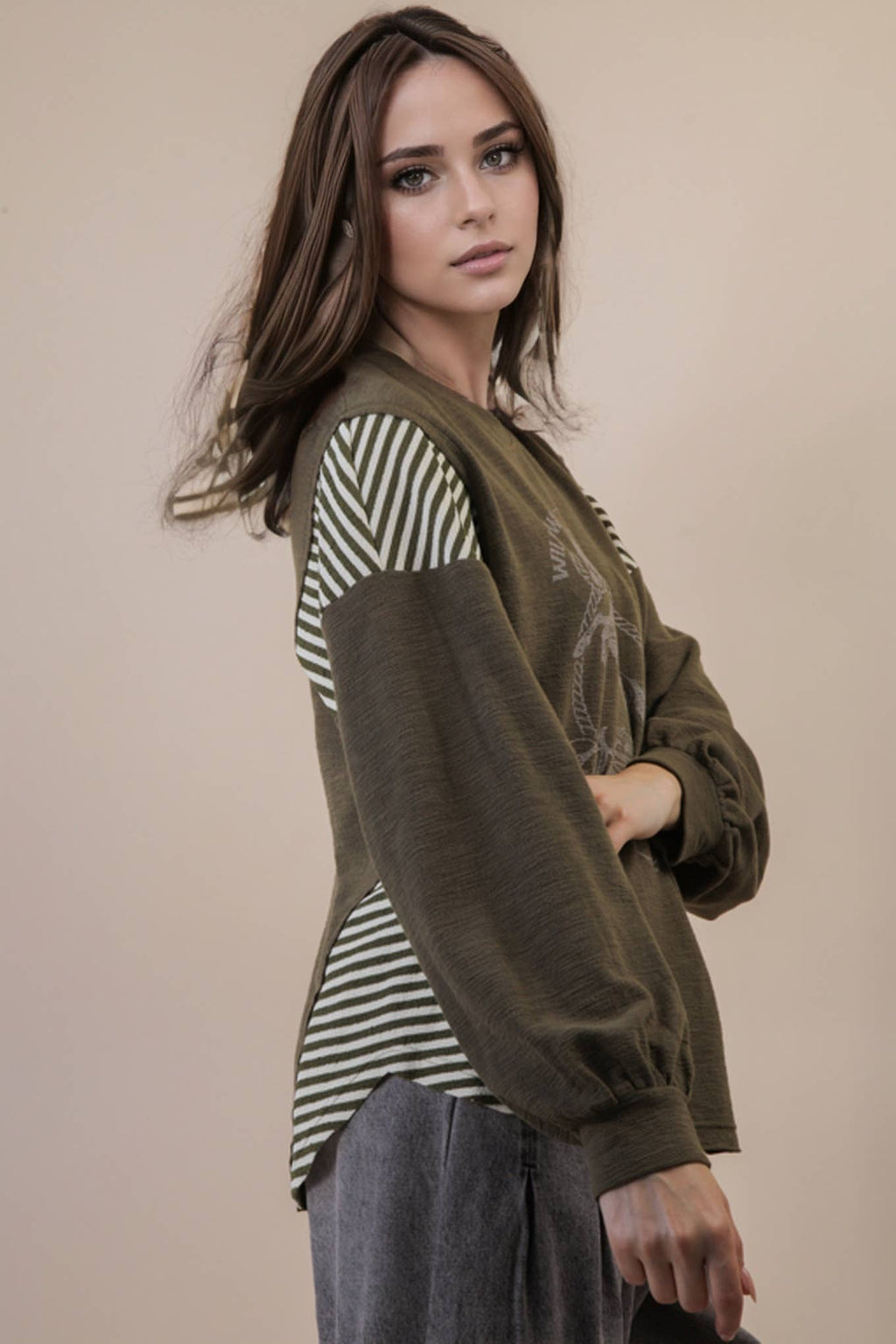 VERY J "Wild West Cowgirls" Western Graphic Knit Top — Oversized Mixed Media (Taupe or Olive) Cowhide and Conchos