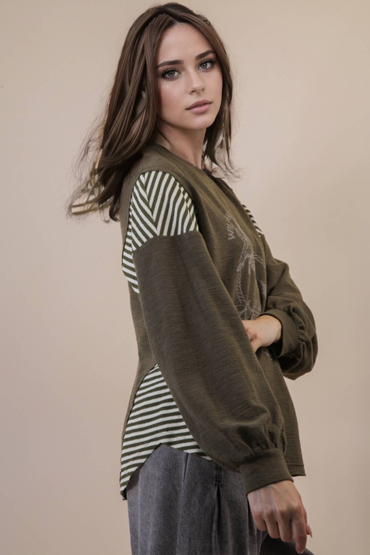 VERY J "Wild West Cowgirls" Western Graphic Knit Top — Oversized Mixed Media (Taupe or Olive) Cowhide and Conchos