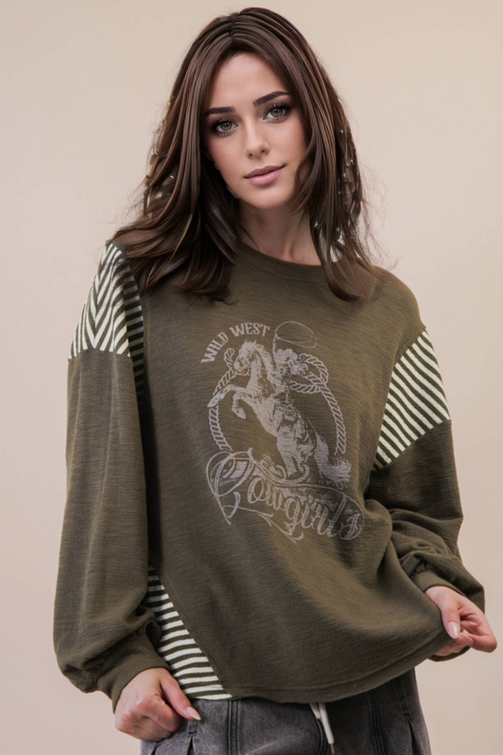 VERY J "Wild West Cowgirls" Western Graphic Knit Top — Oversized Mixed Media (Taupe or Olive) Cowhide and Conchos