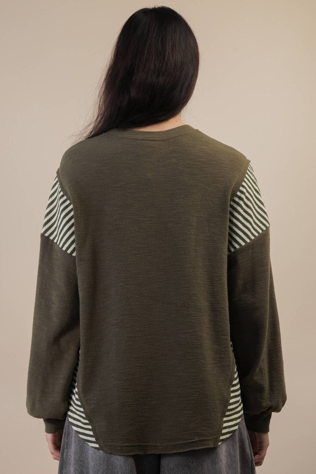 VERY J "Wild West Cowgirls" Western Graphic Knit Top — Oversized Mixed Media (Taupe or Olive) Cowhide and Conchos