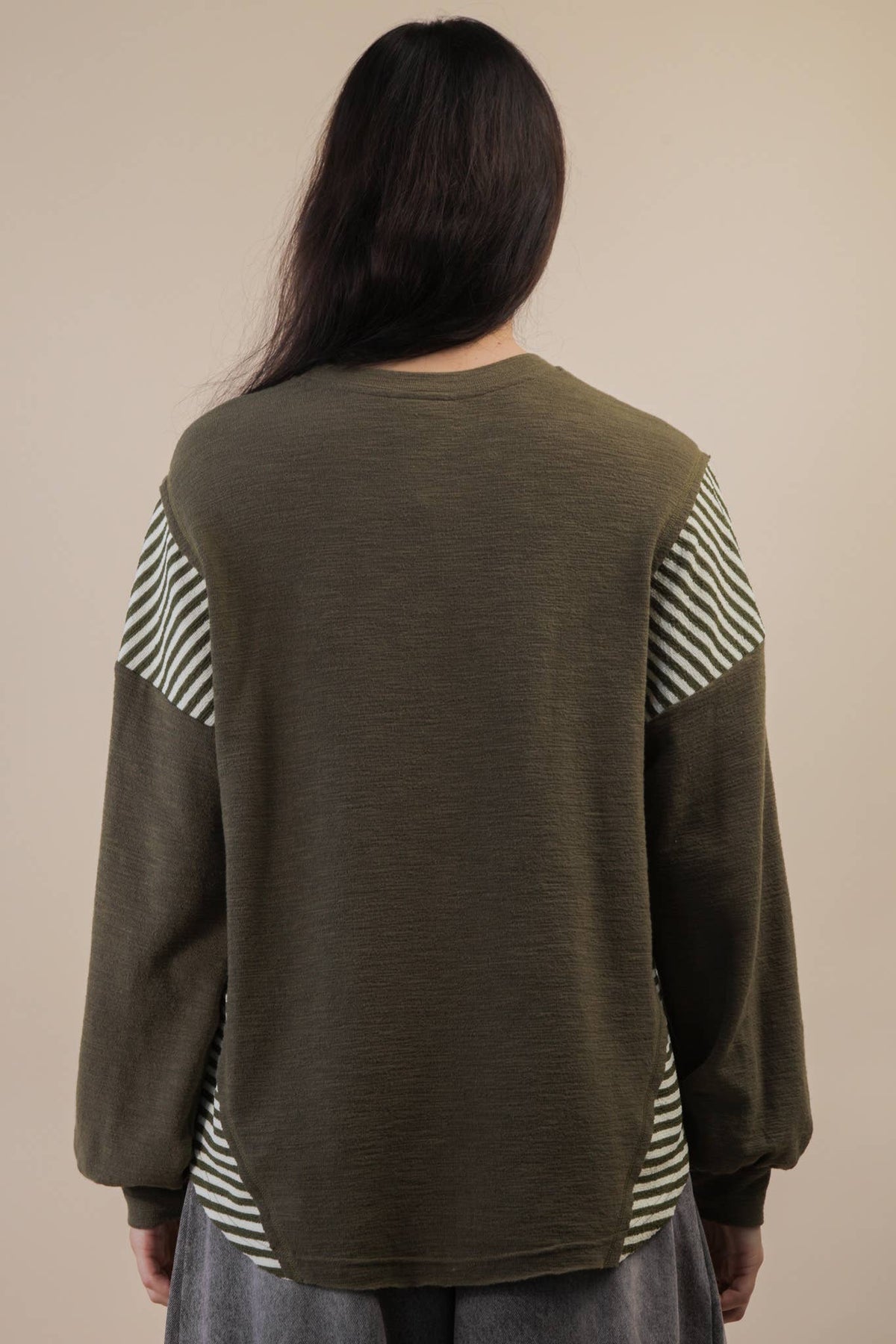 VERY J "Wild West Cowgirls" Western Graphic Knit Top — Oversized Mixed Media (Taupe or Olive) Cowhide and Conchos