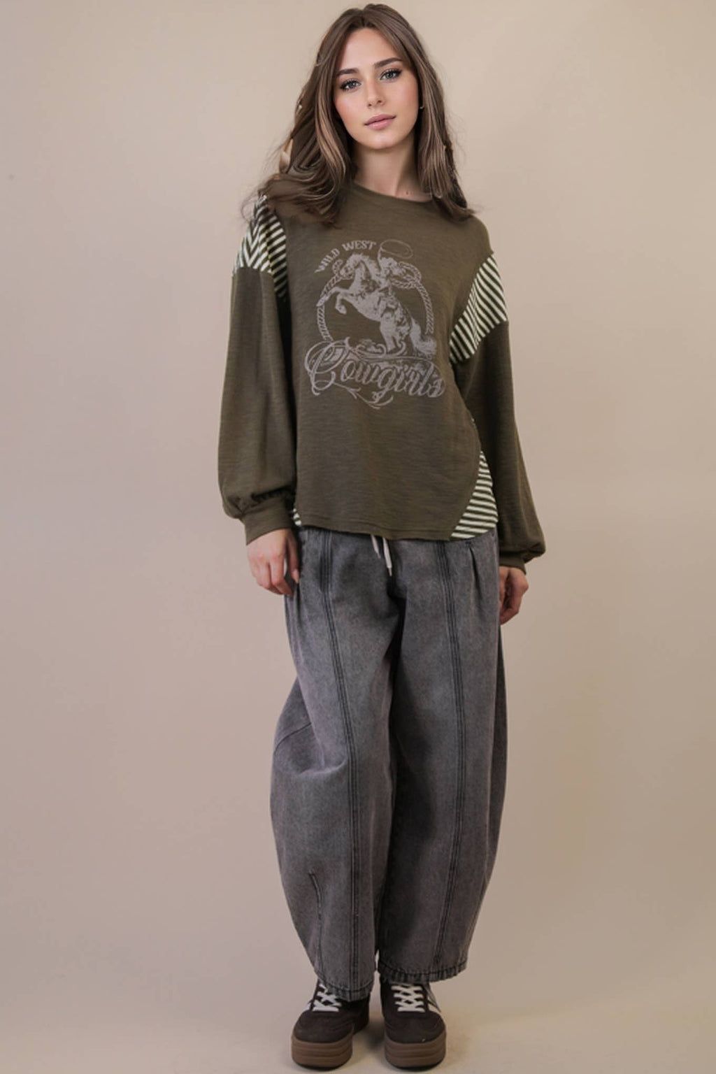 VERY J "Wild West Cowgirls" Western Graphic Knit Top — Oversized Mixed Media (Taupe or Olive) Cowhide and Conchos