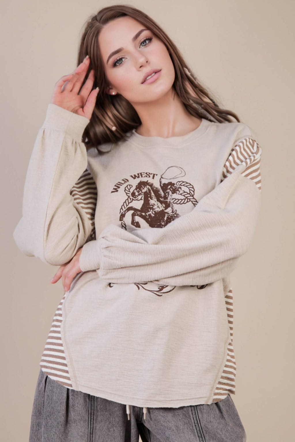 VERY J "Wild West Cowgirls" Western Graphic Knit Top — Oversized Mixed Media (Taupe or Olive) Cowhide and Conchos