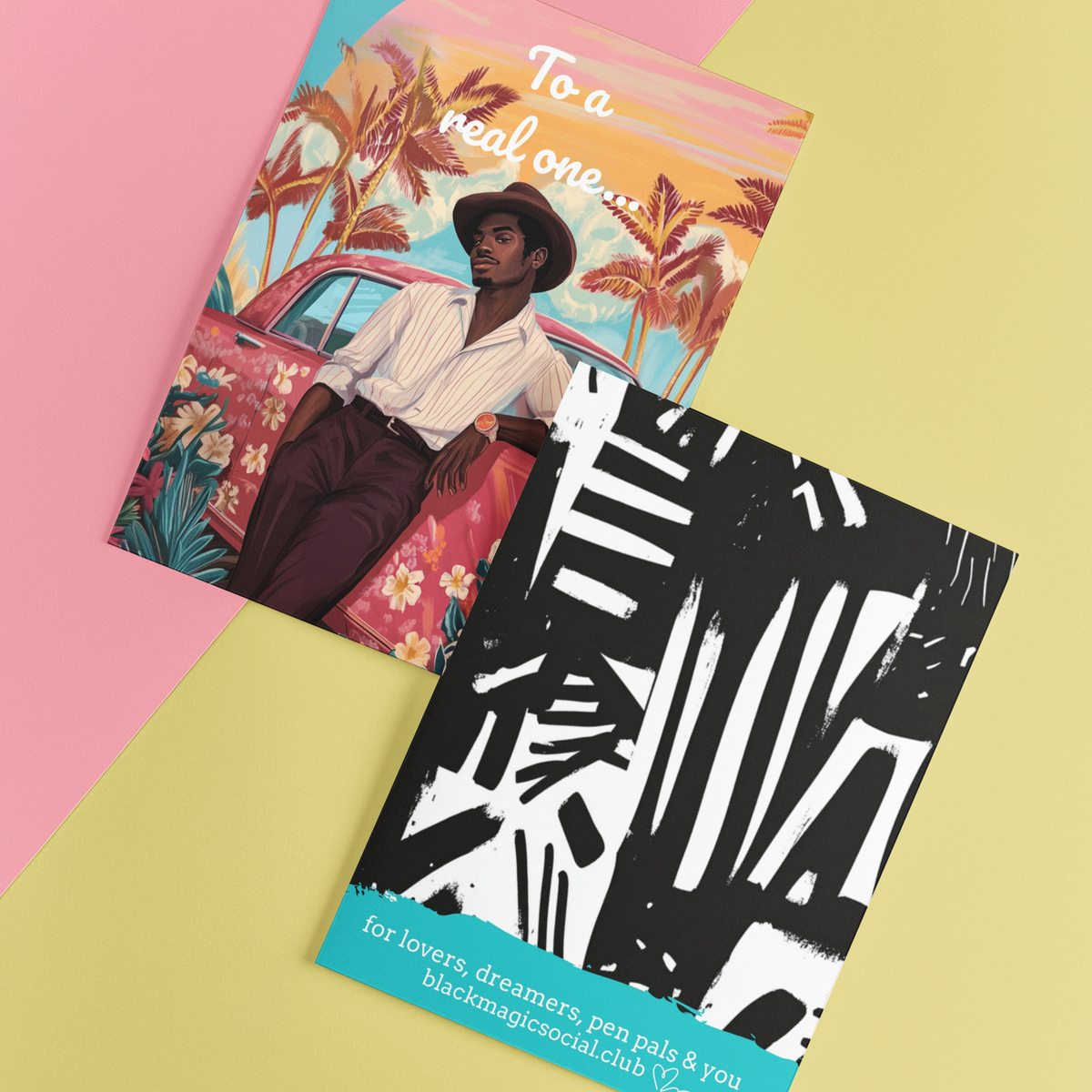 Greeting card for Black Father Figures – Floral Vintage Car Scene Black Magic Social Club