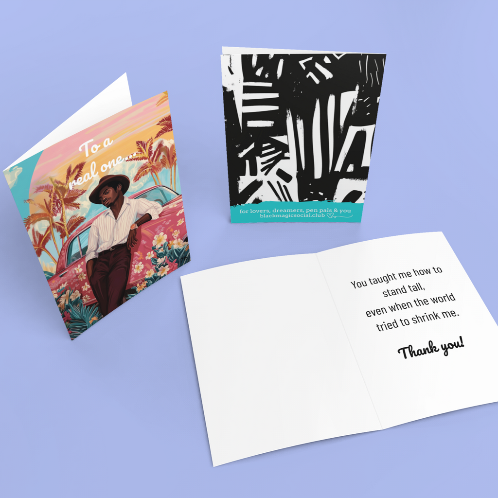 Greeting card for Black Father Figures – Floral Vintage Car Scene Black Magic Social Club