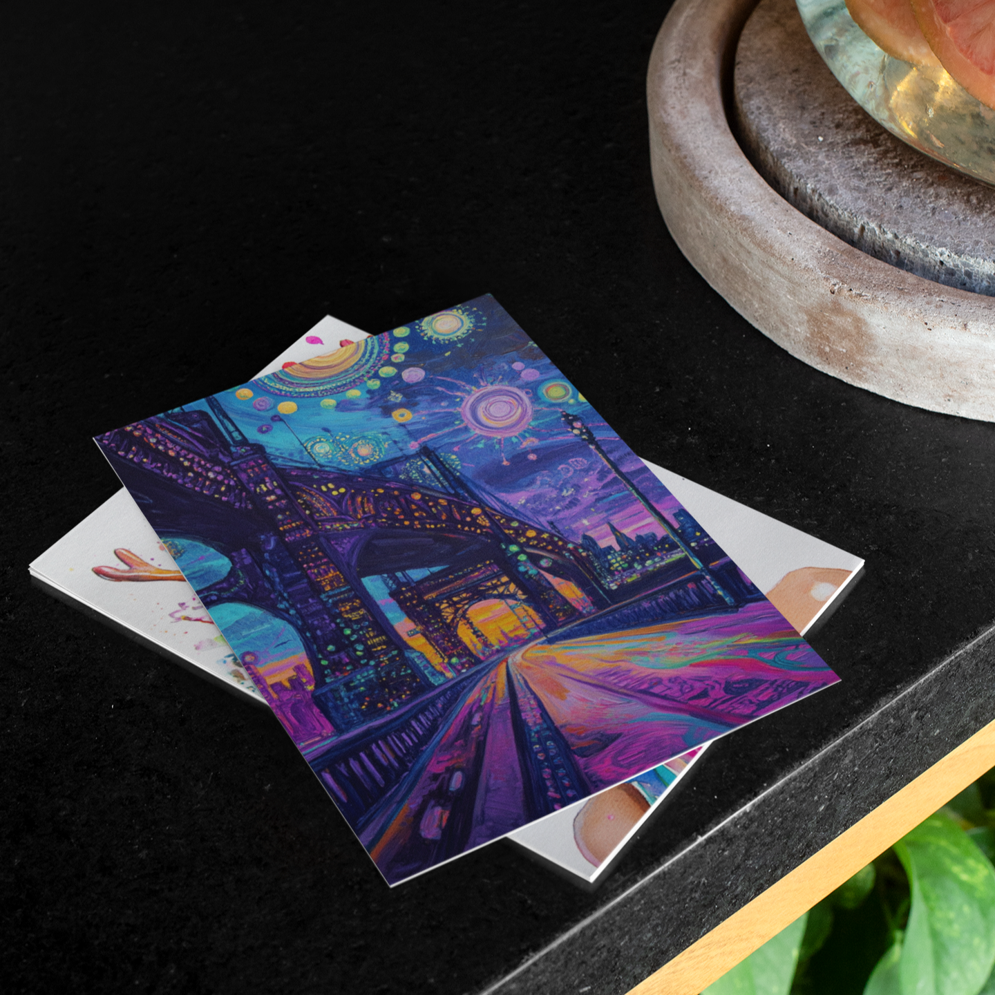 "Bright Lights" – Dreamy City Bridge Postcard - Surreal Nightscape Art Print Black Magic Social Club