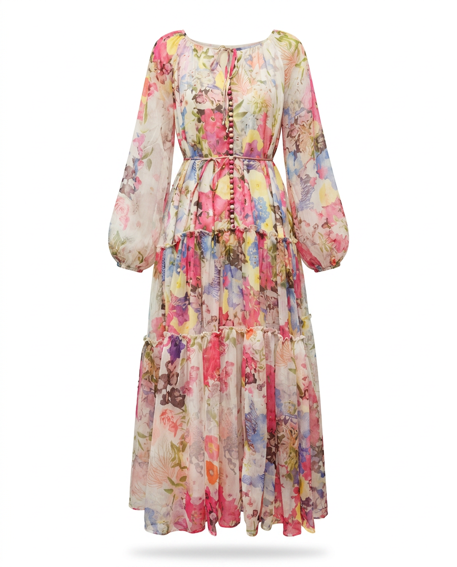 Wanderlust Chiffon Tiered Maxi Dress Boho Brown
