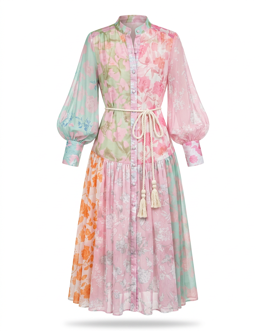 Vibrant Printed Pleated Maxi Dress Boho Brown