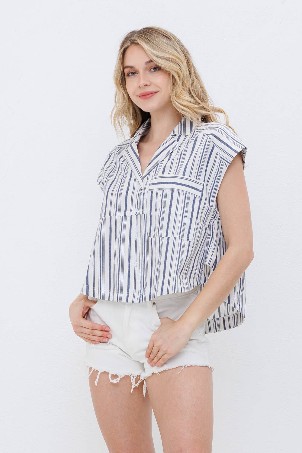 Blue B Navy Stripe Western Button-Up Shirt — Cotton Yarn-Dyed Soft Cowgirl Staple Cowhide and Conchos