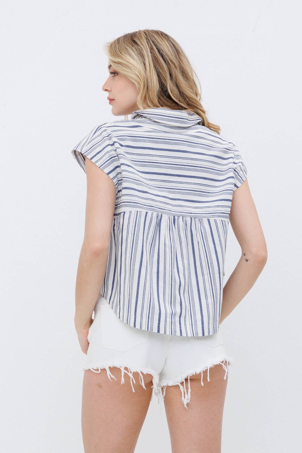 Blue B Navy Stripe Western Button-Up Shirt — Cotton Yarn-Dyed Soft Cowgirl Staple Cowhide and Conchos
