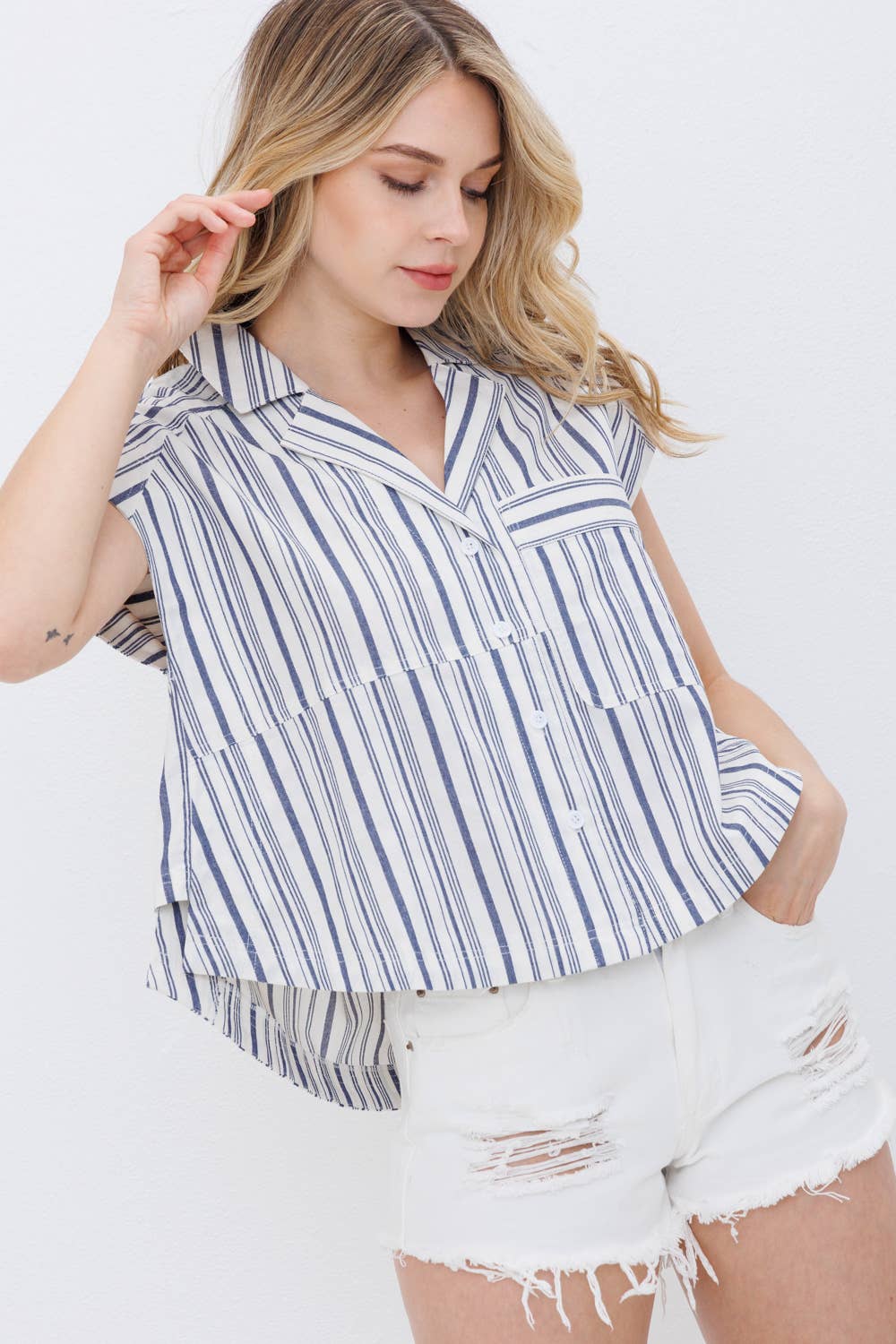 Blue B Navy Stripe Western Button-Up Shirt — Cotton Yarn-Dyed Soft Cowgirl Staple Cowhide and Conchos