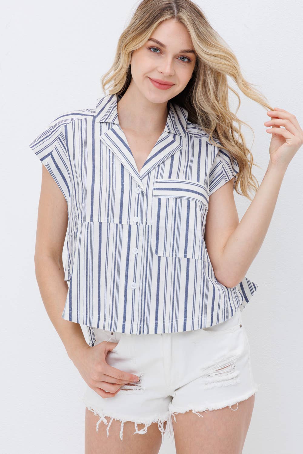 Blue B Navy Stripe Western Button-Up Shirt — Cotton Yarn-Dyed Soft Cowgirl Staple Cowhide and Conchos