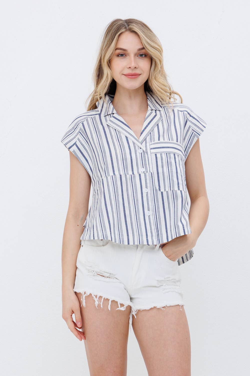 Blue B Navy Stripe Western Button-Up Shirt — Cotton Yarn-Dyed Soft Cowgirl Staple Cowhide and Conchos