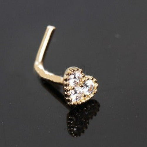 14Kt Yellow Gold Clear CZ Heart L Bend Nose Ring Fashion Hut Jewelry