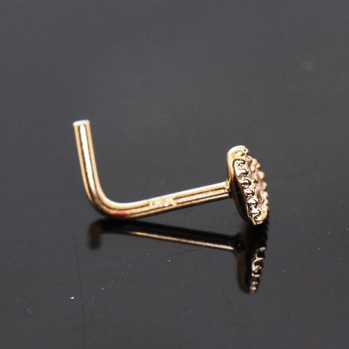 14Kt Yellow Gold Clear CZ Heart L Bend Nose Ring Fashion Hut Jewelry