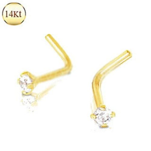 14Kt Yellow Gold Prong Set Clear CZ L Bend Nose Ring Fashion Hut Jewelry