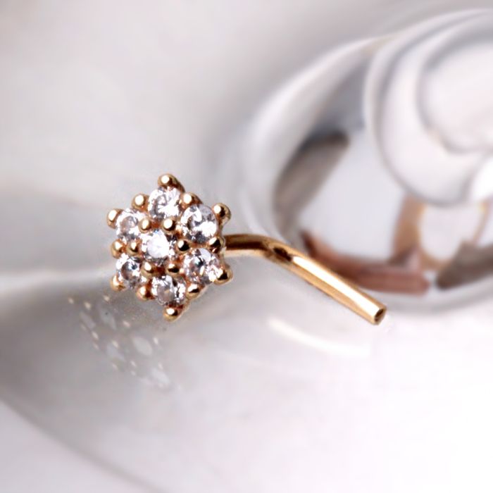 14Kt Yellow Gold Clear CZ Flower L Bend Nose Ring Fashion Hut Jewelry