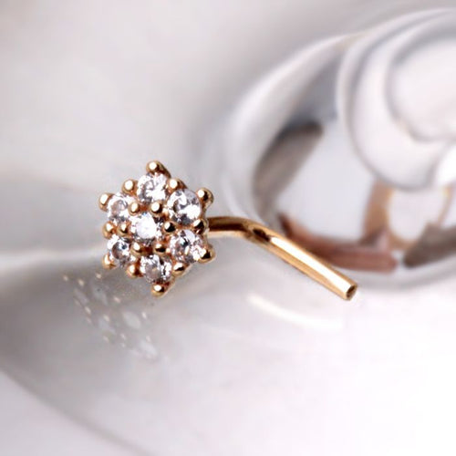 14Kt Yellow Gold Clear CZ Flower L Bend Nose Ring Fashion Hut Jewelry