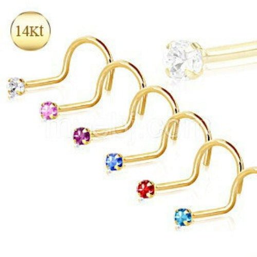 14Kt Yellow Gold Screw Nose Ring with Prong Setting Gem Fashion Hut Jewelry