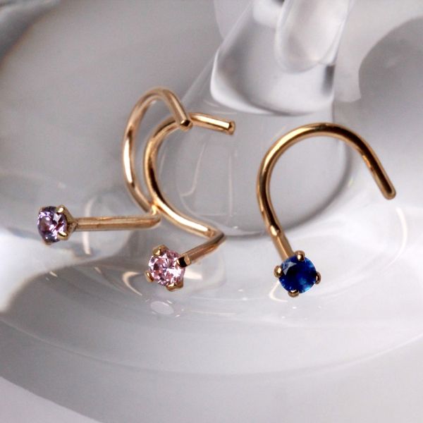 14Kt Yellow Gold Screw Nose Ring with Prong Setting Gem Fashion Hut Jewelry