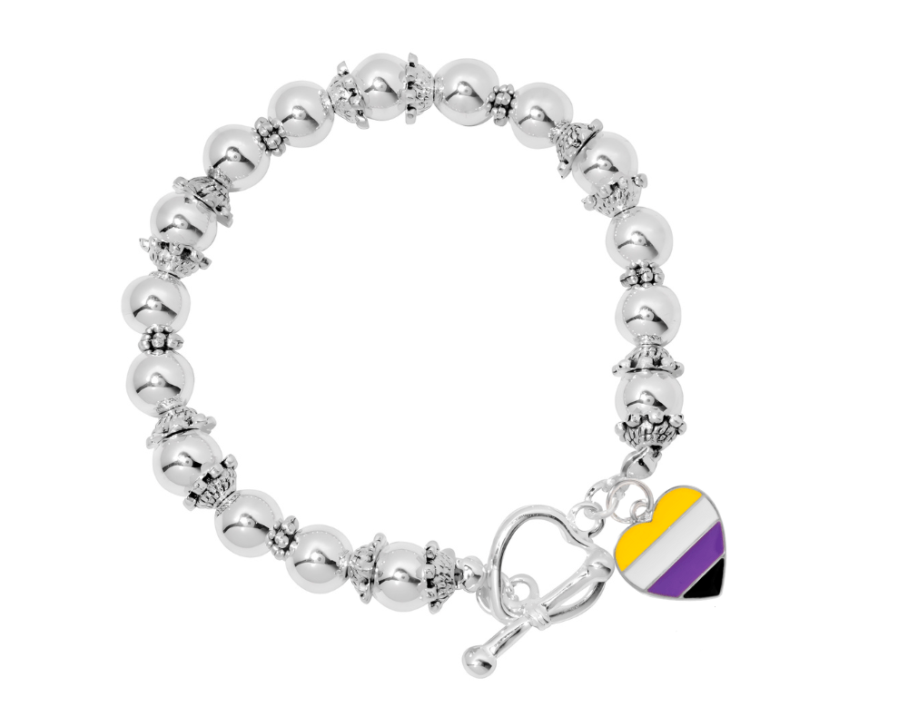 Non-Binary Heart Flag Silver Beaded Bracelets The Awareness Company