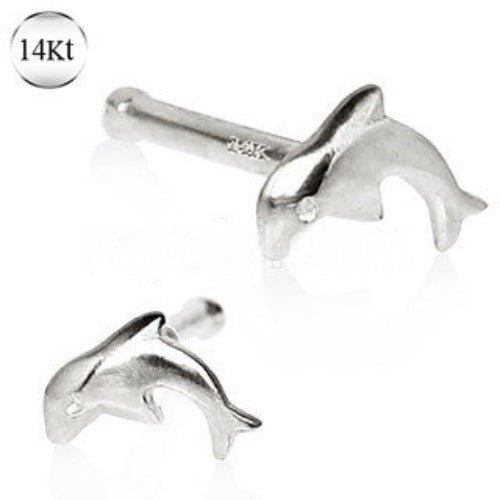 14Kt White Gold Stud Nose Ring with a Dolphin Fashion Hut Jewelry