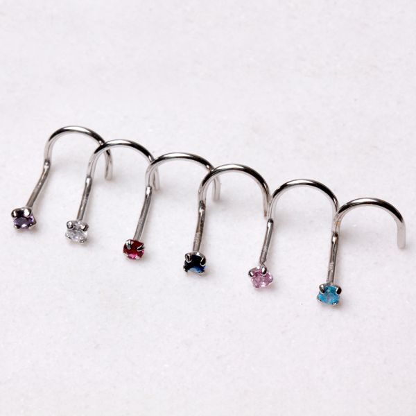 14Kt White Gold Screw Nose Ring with Prong Setting Gem Fashion Hut Jewelry