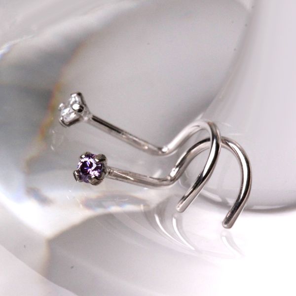 14Kt White Gold Screw Nose Ring with Prong Setting Gem Fashion Hut Jewelry