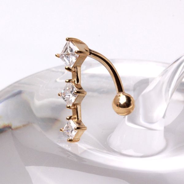 14Kt Yellow Gold Navel Ring with 3 Vertical Gems Fashion Hut Jewelry