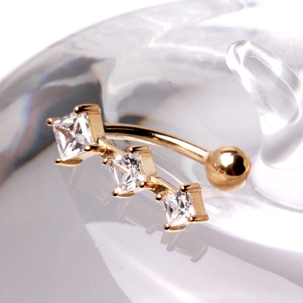 14Kt Yellow Gold Navel Ring with 3 Vertical Gems Fashion Hut Jewelry
