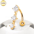 14Kt Yellow Gold Navel Ring with 3 Vertical Gems Fashion Hut Jewelry