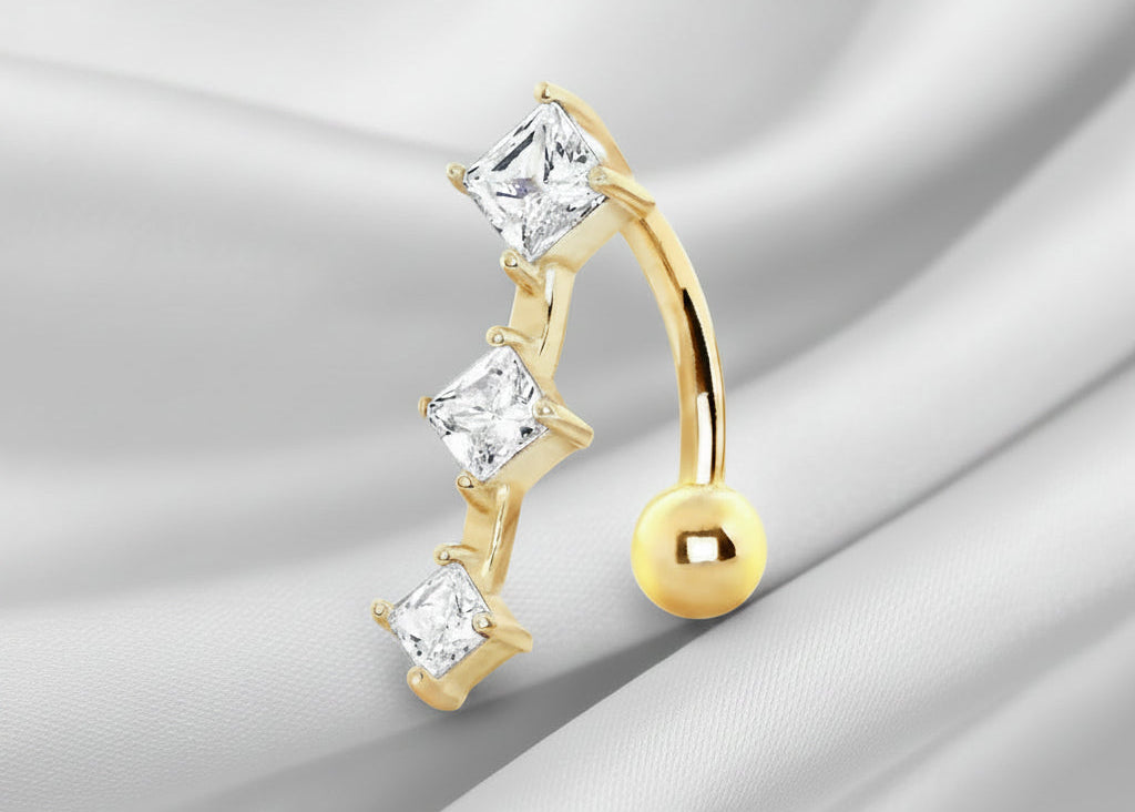 14Kt Yellow Gold Navel Ring with 3 Vertical Gems Fashion Hut Jewelry