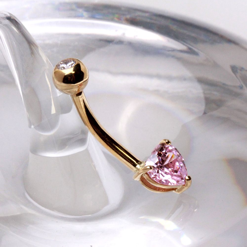 14Kt Gold Navel Ring with Prong Set Heart CZ Fashion Hut Jewelry