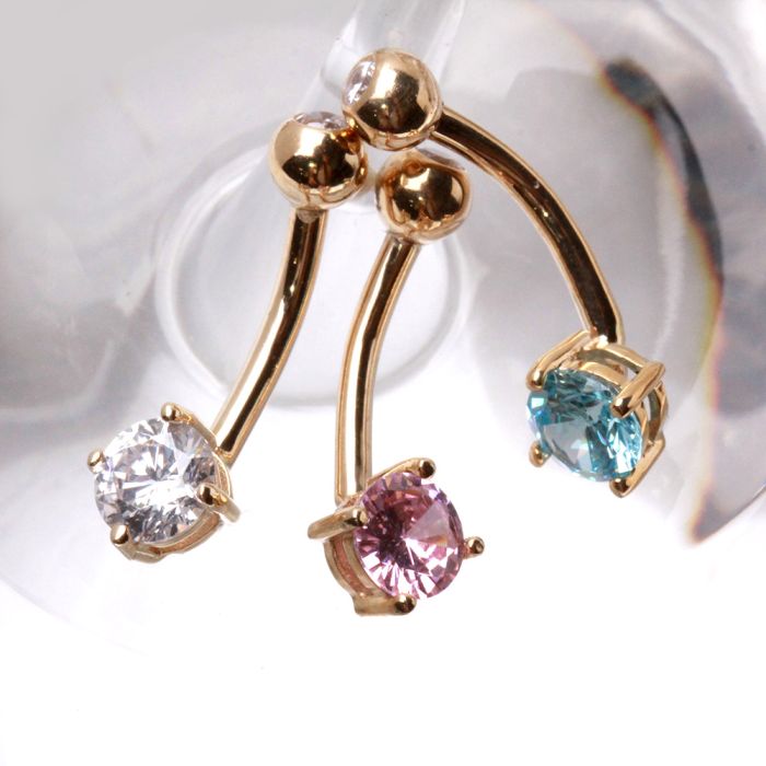14Kt Gold Navel Ring with Prong Set Round CZ Fashion Hut Jewelry