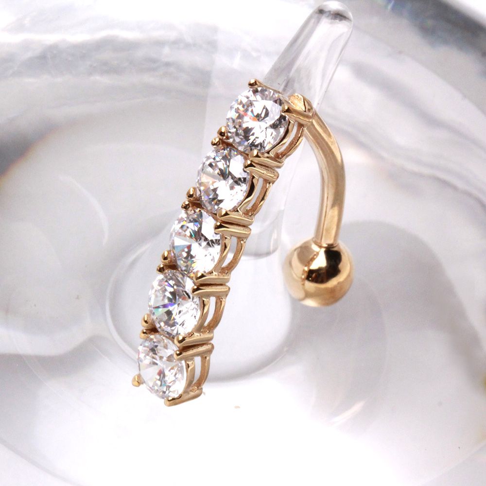 14Kt Yellow Gold Navel Ring with Top Down 5 Round Gems Fashion Hut Jewelry