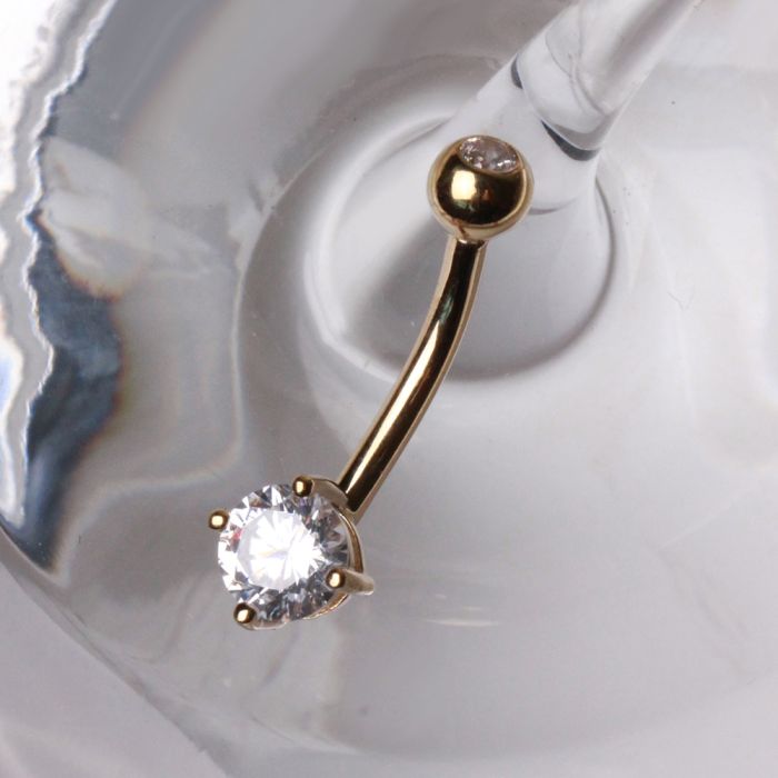 14Kt Yellow Gold 1/2" Navel Ring with Clear Round Prong Set CZ Fashion Hut Jewelry