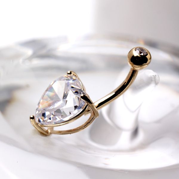 14Kt Yellow Gold Navel Ring with Large Clear Heart Prong Set CZ Fashion Hut Jewelry