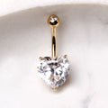 14Kt Yellow Gold Navel Ring with Large Clear Heart Prong Set CZ Fashion Hut Jewelry