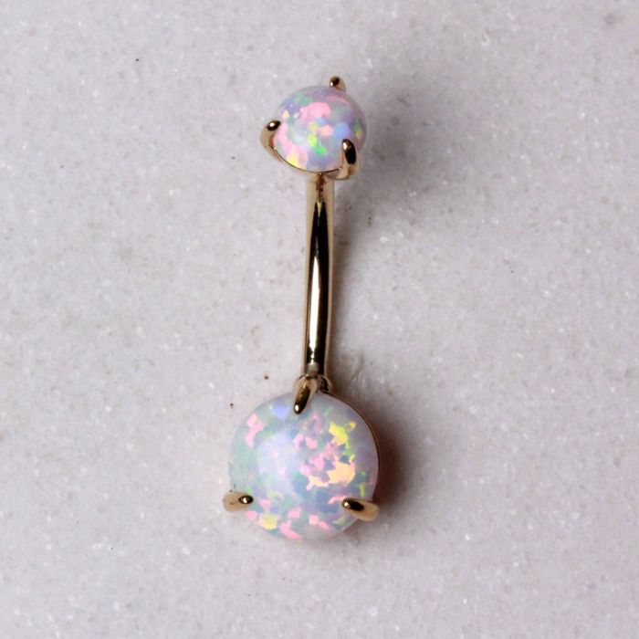 14Kt. Yellow Gold Navel Ring with Prong Set White Synthetic Opal Fashion Hut Jewelry