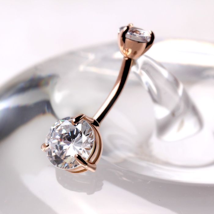 14Kt Rose Gold Navel Ring with Prong Set Clear Round CZ Fashion Hut Jewelry